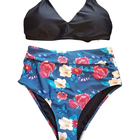 Mix&Match Bikini Set Black Top With Floral Design Bottom - Picture 1 of 16